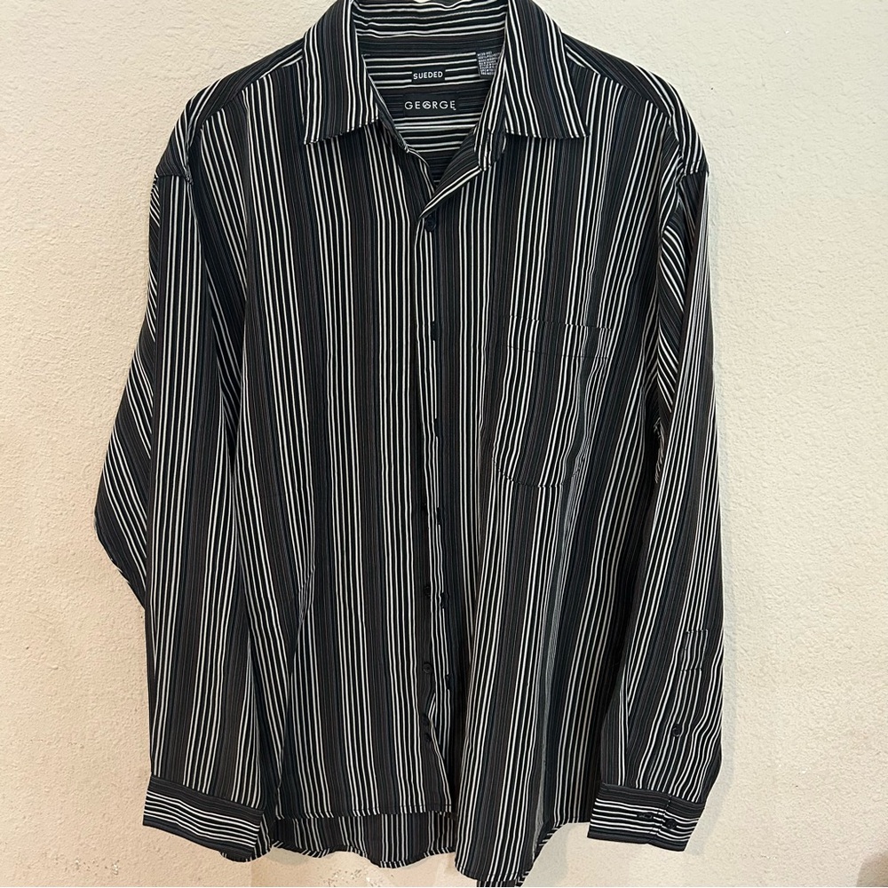 George Men's Black and White Striped Button Down Shirt M